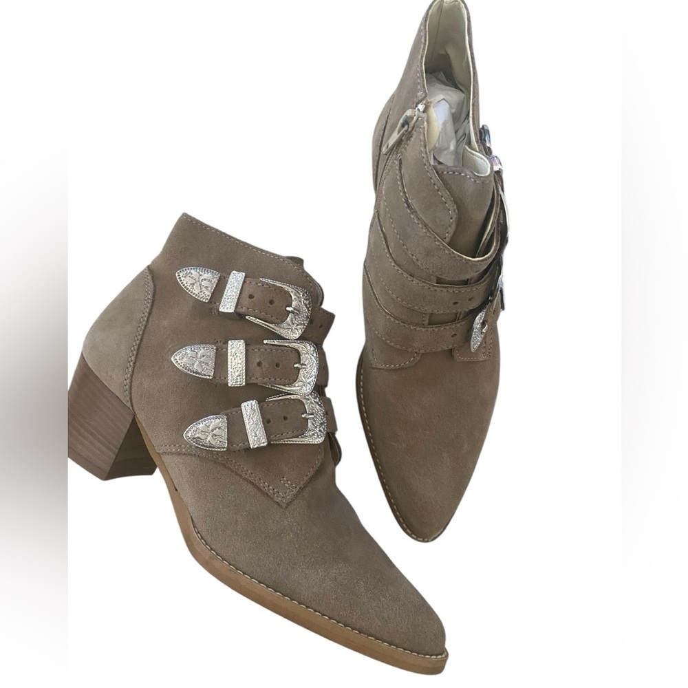 ASOS Triple Buckle Suede Western Ankle Boots Taupe Size 5 | Made in Italy - Picture 4 of 16